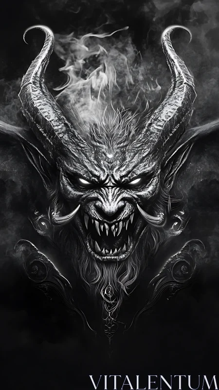 Demonic horned skull portrait in smoky monochrome style.
