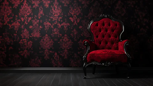 Baroque red velvet armchair against damask wall in low light