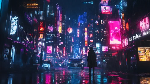 Rain-soaked neon megacity street with lone silhouetted figure