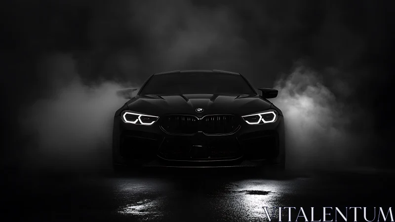 Low-key frontal car portrait isolates LED headlights in dense vapor