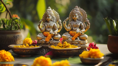 Twin goddess idols glow amid marigold-laced festive offerings.