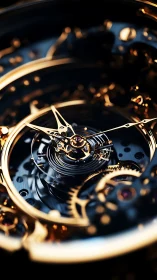 Macro view watch tourbillon with gold skeleton movement detail.