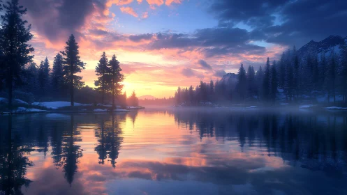 Snowy pine forest lake at calm colorful sunset reflection.