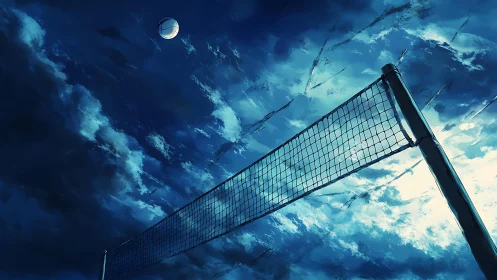 Volleyball net waits under a storm brightening evening sky.