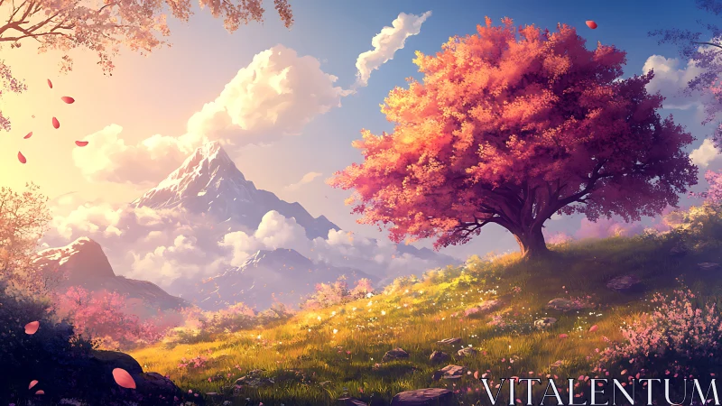 Sunlit pink tree overlooks luminous valley and distant peak