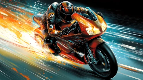 Blazing orange sport bike rider racing through glowing night.