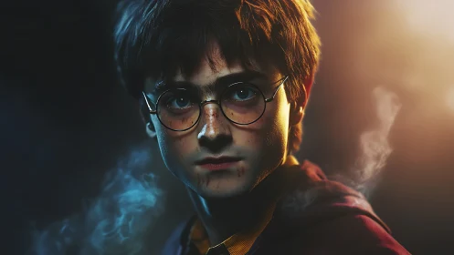 Young bespectacled character portrait in moody lighting.