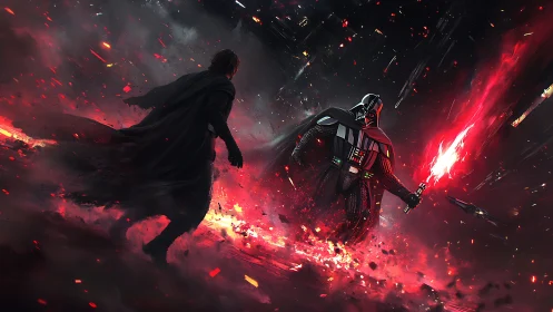 Sith warrior confronts cloaked foe amid red molten ground.
