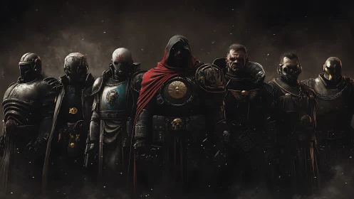Armor-clad dystopian war council in cinematic digital painting.