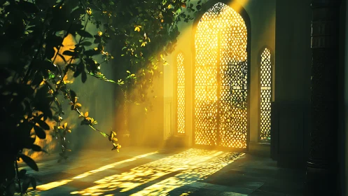 Sunlit mashrabiya archway with cascading garden foliage