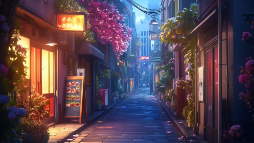 Lantern-lit flower alley glows in twilight city hush.