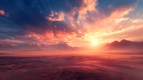 Sunset over vast red desert plain and distant mountains.