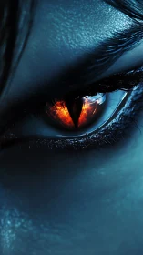 Infernal reptilian eye within icy human visage closeup.