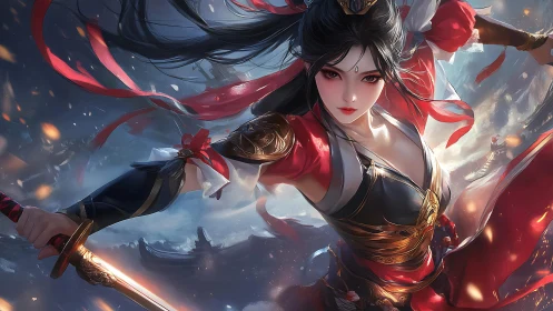 Bladed whirlwind of crimson grace cleaves through stormed skies