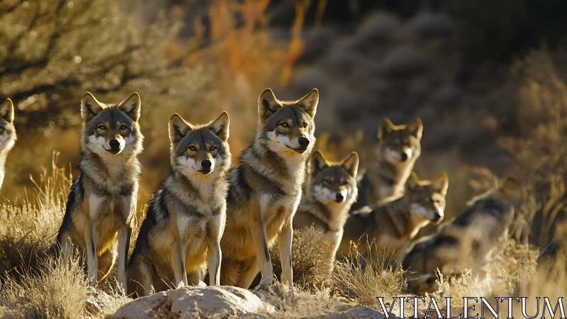 Amber dusk wolf council poised in desert silence.