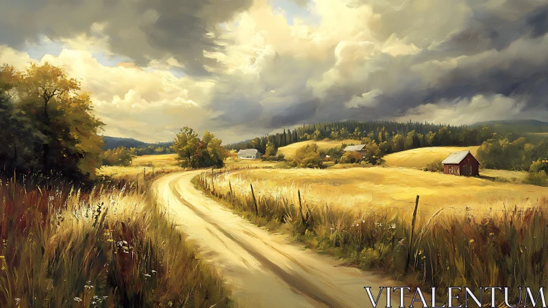 Golden country road under stormlit summer sky painting.
