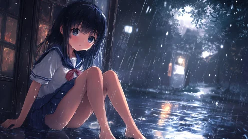 Schoolgirl sits alone in rainy street under night lights.