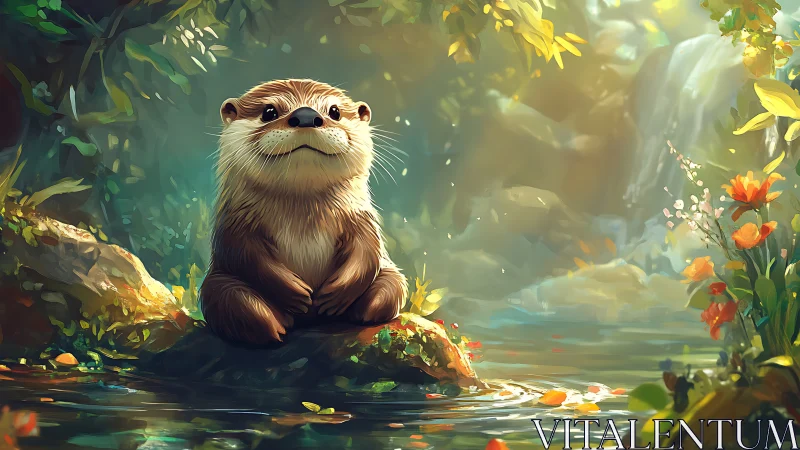 Semi-realistic otter portrait in luminous forest creek habitat