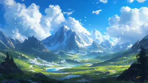 Glaciated alpine basin with volumetric clouds and riverscape dynamics.