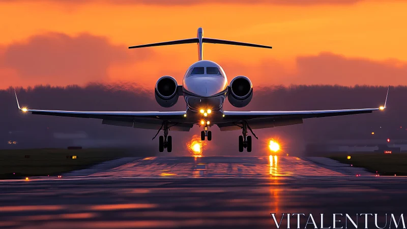 Private jet landing against vivid orange sunset sky.