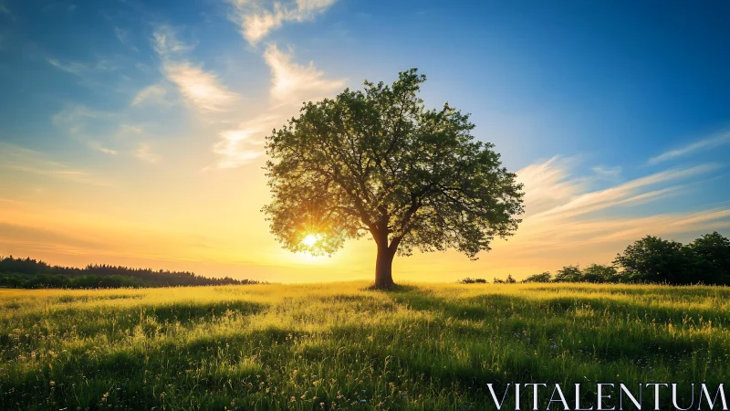 Solitary deciduous tree centered in open sunlit meadow.