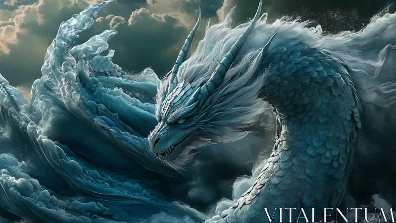 Storm-touched sea dragon swirling through rolling clouds.