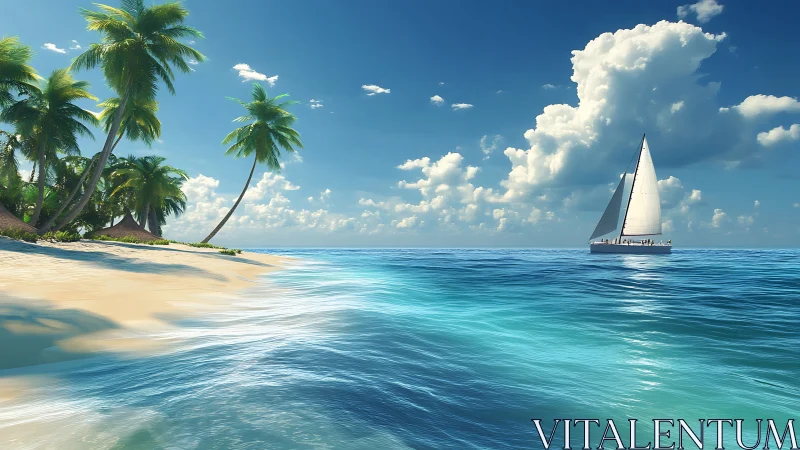 High-saturation tropical shoreline with dynamic wave rendering and yacht