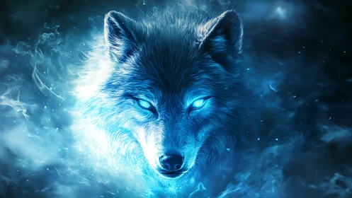 Luminous spirit wolf in electric blue astral mist.
