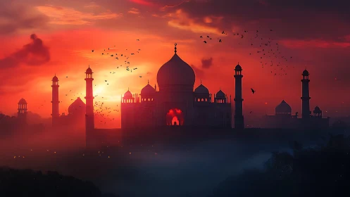 Digital painting of domed palace at dusk with cinematic haze.