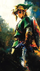 Forest-born swordbearer poised in storm-brushed light.