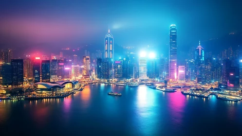 Neon harbor skyline reflects vibrant futuristic city lights.