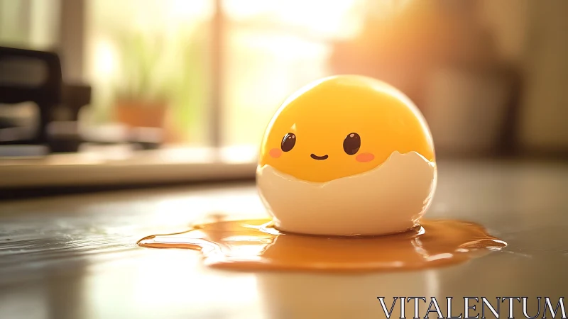 Backlit kawaii egg yolk character resting on glossy kitchen surface