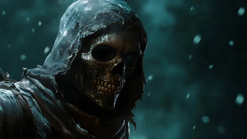 Weathered skeletal reaper in tattered hood under volumetric snow