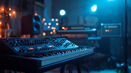 Moody synth studio glowing with soft blue and amber lights.