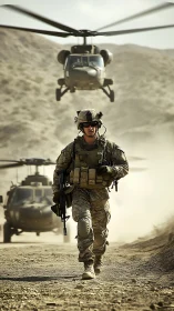 Soldier advancing on dusty road as helicopters hover behind.