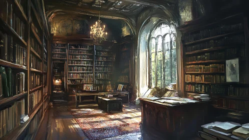 Sunlit gothic library interior shows richly detailed shelves