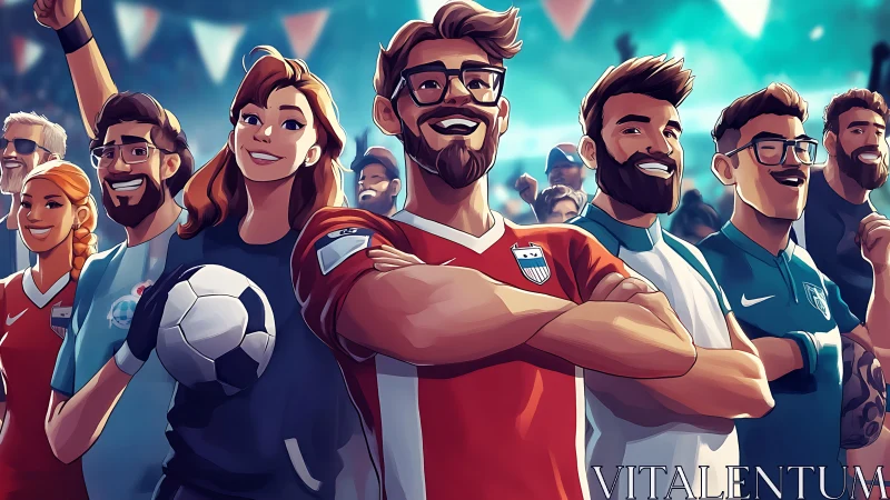 Joyful soccer fans stand united in vibrant team spirit