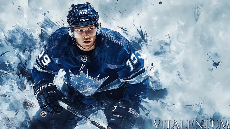 Hockey player in blue jersey skates forward through icy blur