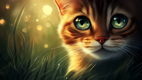Enchanting Cat with Glowing Emerald Eyes in Golden Light.