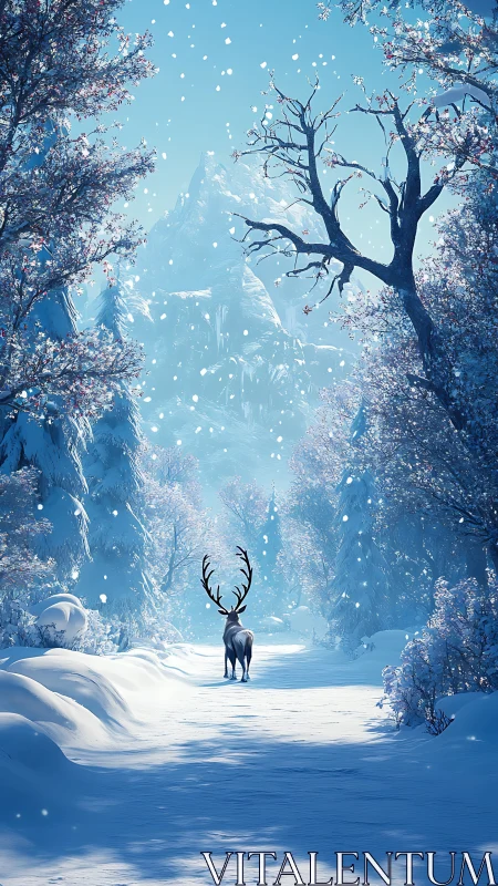 Stag crossing luminous snow path beneath icy mountain.