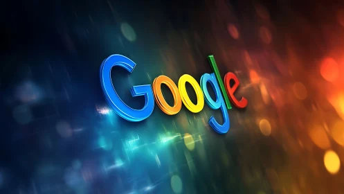 3D chromatic Google logotype on luminous bokeh gradient field.