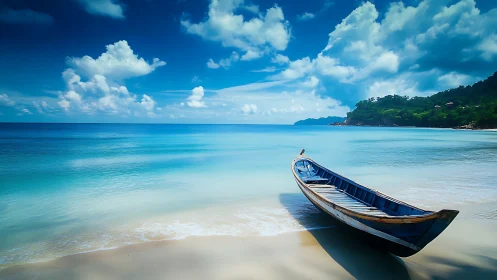 Lonely blue boat naps where turquoise water kisses sand