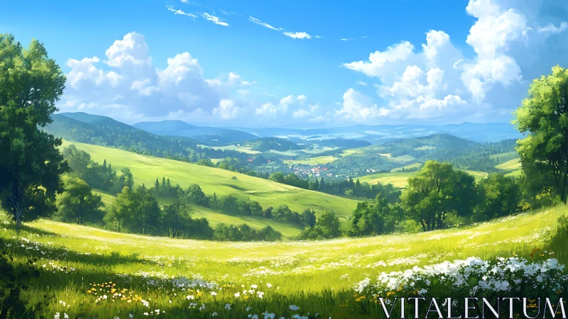 Bright summer valley landscape with rolling green hills.