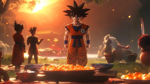 Martial artist characters at outdoor meal in warm sunset light.