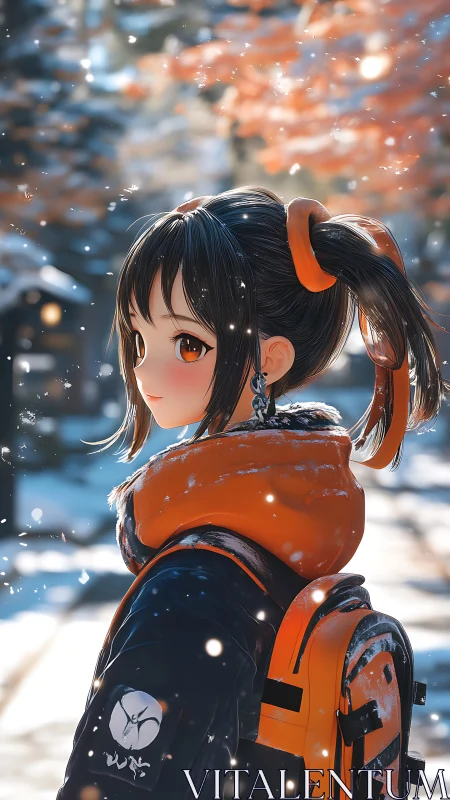 Snowy street portrait of anime girl in orange winter gear