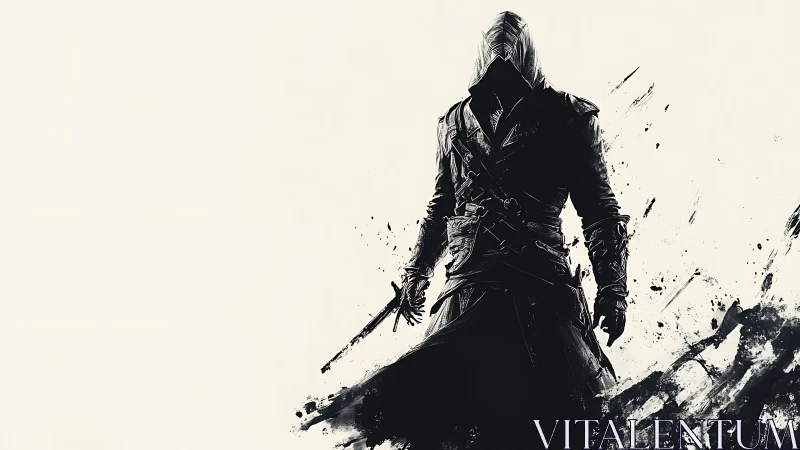 Hooded assassin silhouette stands amid abstract ink splashes