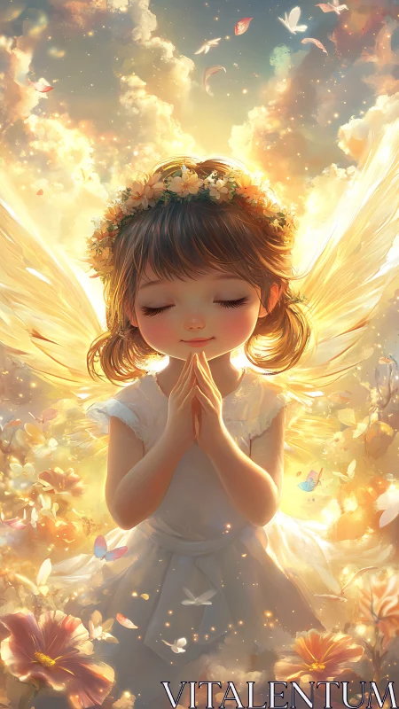 Gentle child angel rests in golden light and blooming petals