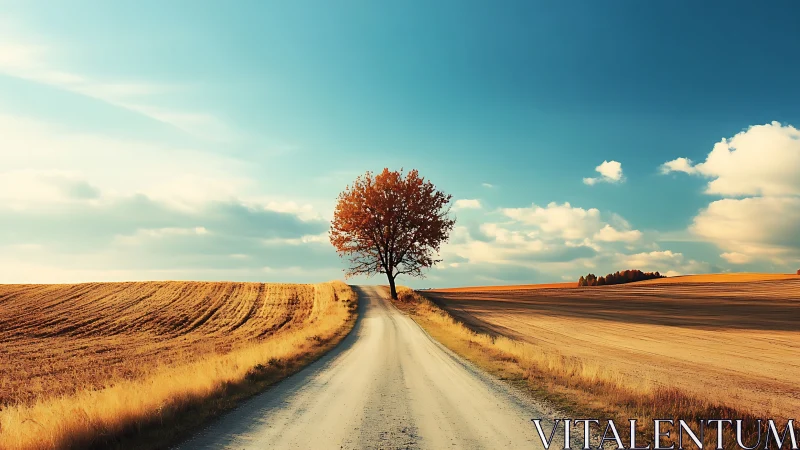 Solitary deciduous tree centering a vanishing-point farm road.