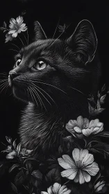 Feline Portrait with Botanical Elements in Monochromatic Engraving