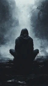 Hooded figure resting in mist, finding calm in the dark.